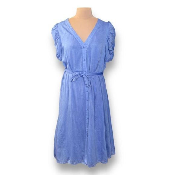 DKNY Dress Blue Chambray Front Button Vneck Short Puff Sleeve Midi Size 16 - Picture 10 of 10